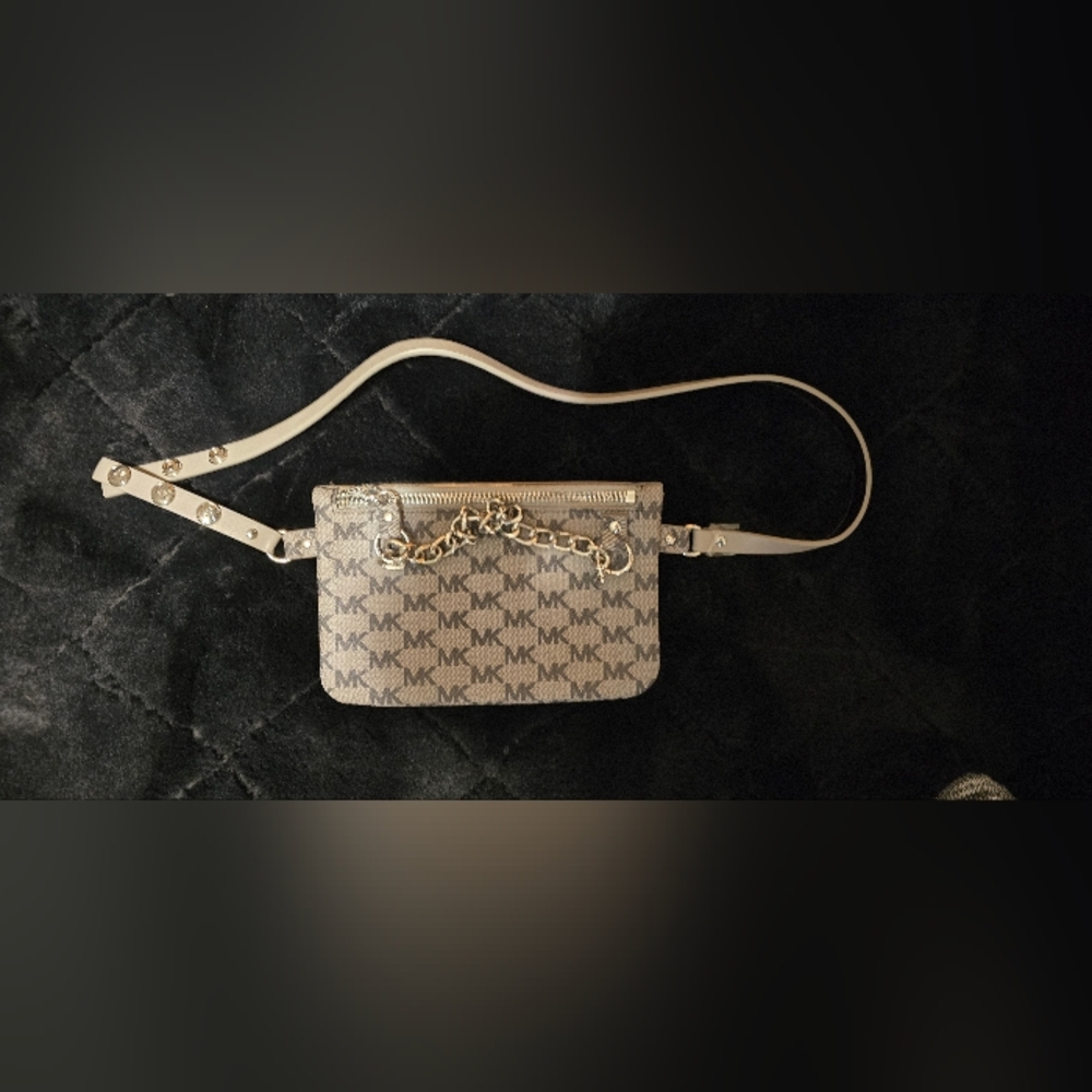 Michael Kors Beige MK Monogram Mini Belt Bag with Gold Chain Accent